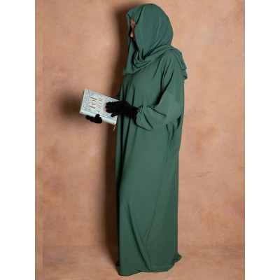 Abaya de prière voile integré vert canard en soie de medine